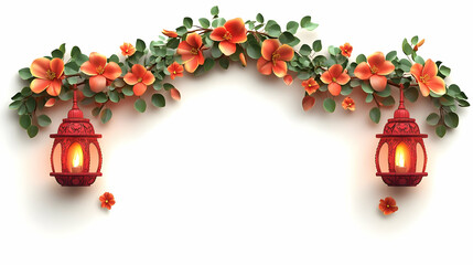 3D Diwali Lanterns & Floral Torans Festive Border Frame with Joyful Wording and Generous Copy Space for Celebratory Messages