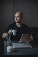 Young beard man using tablet in cafe,street, drinking coffee, freelance work, outdoor hipster portrait, sneakers, suit, Bali, Thailand, beard man, instagram, bitcoin, business man, glasses,
