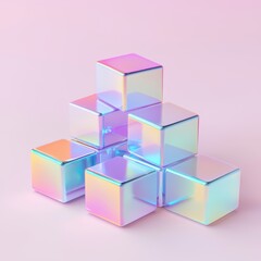 Fototapeta premium A minimalist arrangement of glossy holographic cubes, each reflecting pastel and neon light