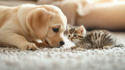 Fototapeta premium A Labrador puppy and a kitten playing together on a soft carpet, pawing at each other gently