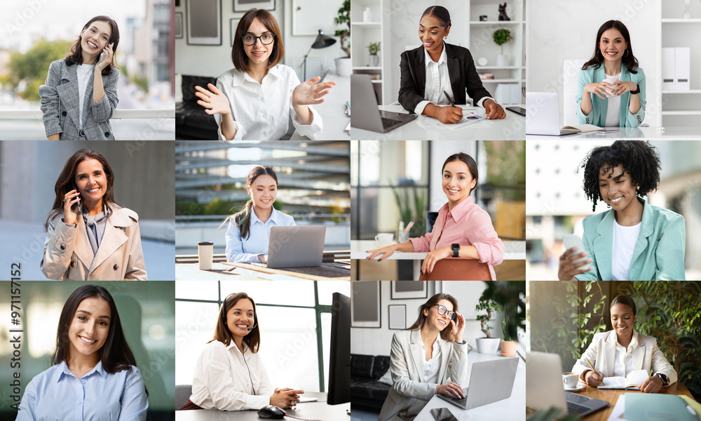 Poster A diverse group of professional women is captured engaging in various office activities throughout a modern workspace. Some are on phone calls, while others are using laptops or interacting in teams