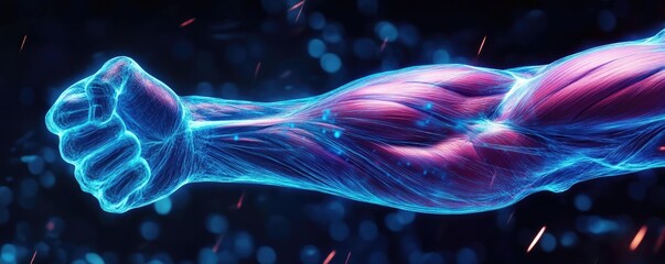 Dynamic representation of a muscular arm with glowing veins, showcasing strength and energy in an abstract design.