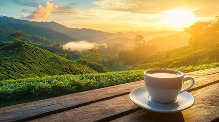 Coffee Cup on Wooden Table Overlooking Tea Plantation at Sunset in Mountain Forest. AI generated illustration