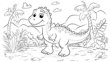 A black and white drawing of a cute cartoon dinosaur.