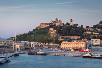 View of the port and city of Anocna in sunny spring day. Historical buildings and beautifull views.