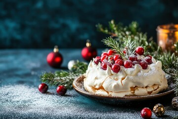 Christmas Pavlova Dessert with Cranberries and Pine Sprigs
