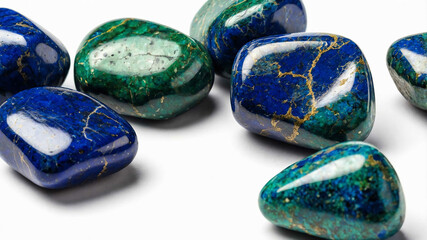 Tumbled azurite stone with plain white background