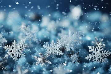 winter background with decorative snowflakes on snow on a blurred background