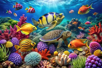 Vibrant coral reef scene featuring a variety of marine life, including angelfish, butterflyfish, and sea turtles, amidst seaweed and colorful ocean anemones.