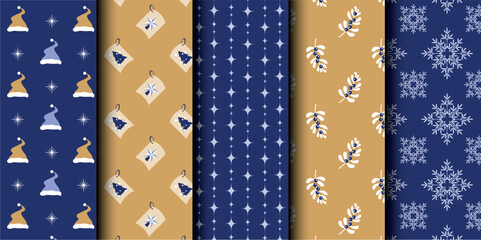 Set of Christmas vector seamless pattern. Merry Christmas and Happy New Year. Christmas symbols background. Vector gold and blue seamless illustration
