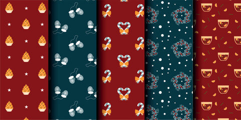 Set of Christmas vector seamless pattern. Merry Christmas and Happy New Year. Christmas symbols background. Vector red and blue seamless illustration
