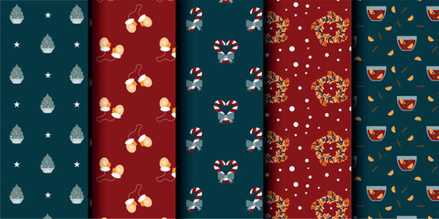 Set of Christmas vector seamless pattern. Merry Christmas and Happy New Year. Christmas symbols background. Vector red and blue seamless illustration