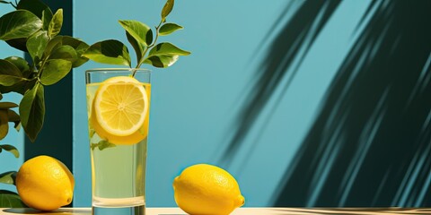 Refreshing lemonade in a glass with ice, lemon slice, and branches against a blue backdrop with...