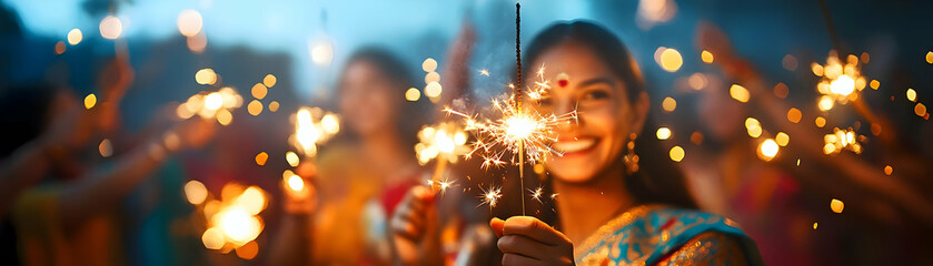 Joyful Candid Moment: People Enjoying Sparklers at a Cultural Gathering with Illuminated Faces and Vibrant Rangoli Designs