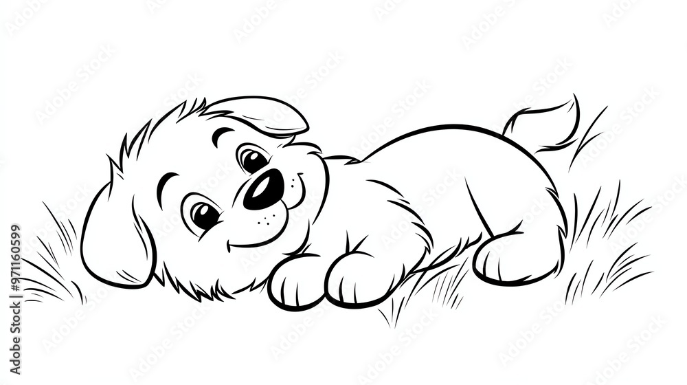 Wall mural A black and white drawing of a cute cartoon puppy.