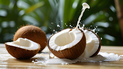 Creamy coconut milk splashing in tropical background, Natural and fresh coconut milk splash. Ai generative