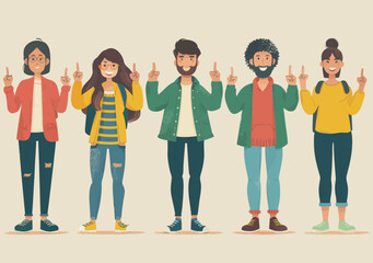 Obraz premium Team Celebrating Success with OK Gesture, Diverse Group Standing Together, Minimalistic Vector Illustration of Joy and Achievement, Concept of Teamwork and Unity