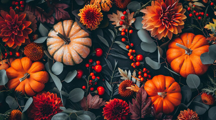 Fototapeta premium Festive Autumn Decor with Pumpkins, Flowers, and Fall Leaves: Concept for Thanksgiving or Halloween.