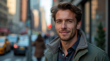Obraz premium Confident Men Headshot – Vibrant Urban Portrait of Professional in Natural Street Setting