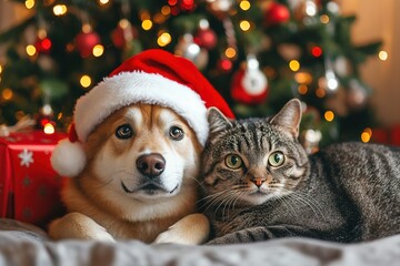 a cute dog in a Christmas hat next to a cat near a Christmas tree