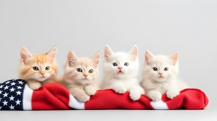 Patriotic Feline Serenity 3D Render of Cats Lounging on American Flag Blankets - Warm and Cozy National Cat Day Scene Celebrating Love Family and Pet Companionship