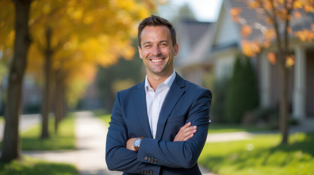 Confident Realtor Headshot: Professional, Vibrant Real Estate Agent Portrait in Business and Outdoor Setting for Marketing and Branding