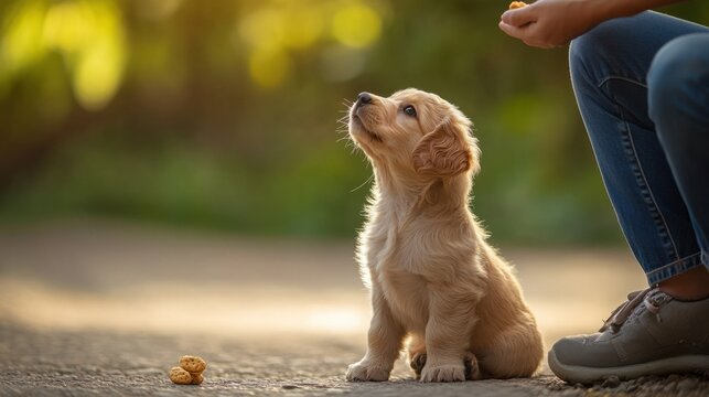 A puppy learning to sit, following commands from its owner while receiving a treat as a reward