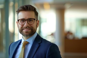 Fototapeta premium Businessman is smiling in a modern office building lobby