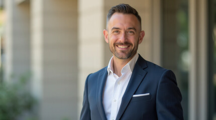 Fototapeta premium Confident Realtor Headshot: Professional, Vibrant Real Estate Agent Portrait in Business and Outdoor Setting for Marketing and Branding