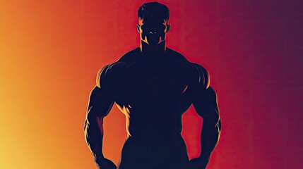 A powerful silhouette of a muscular man against a vibrant gradient background, representing strength and fitness.