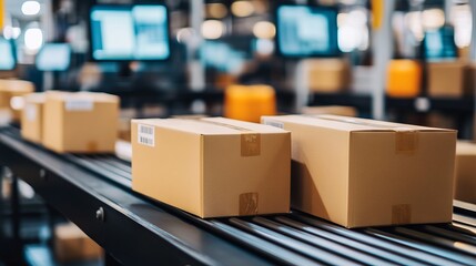 Close-Up of Boxes on Conveyor Belt in Warehouse with Blurred Office Background. AI generated illustration