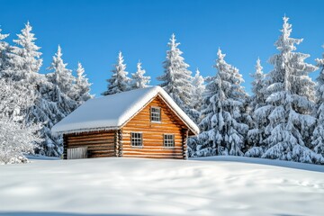 Snow-Covered Cabin in a Snowy Forest