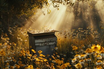 Sunlit beehive in wildflower meadow