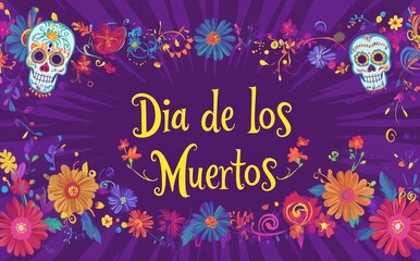 Fototapeta premium Dia de los muertos festival wallpaper pattern with sugar skull (calavera) and colorful flowers on dark, purple, background. Cultural, traditional, floral wallpaper concept.