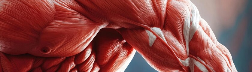 Detailed close-up of a muscular arm showcasing vibrant muscle fibers and anatomical structure, highlighting strength and fitness.