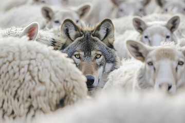 A wolf is standing in front of a herd of sheep