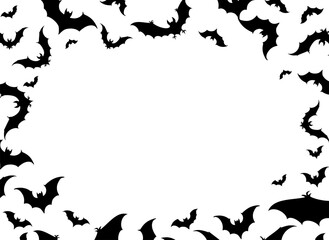 halloween bats background. many silhouettes of bats fly chaotically on a white background. backdrop, frame, card with copy space
