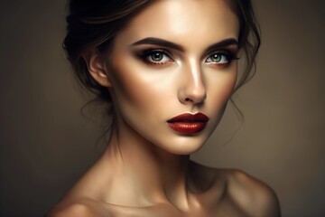 Fototapeta premium Elegant beauty portrait of a woman with glowing skin, nude lips, natural makeup, minimalist fashion, sophisticated and chic photography, professional editorial, luxurious and refined aesthetic