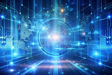Obraz premium Technology digital background with cyberspace elements and abstract concept design, featuring blue light patterns.