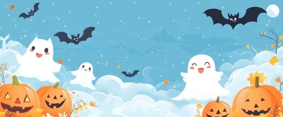 Halloween wallpaper pattern in cute cartoon style with symbols like a pumpkin, bat and ghost. Happy Halloween!