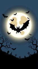 Halloween background, vector illustration with bats, tombstones, crosses, ugly trees on the background of a full moon. for backing, cards, invitations