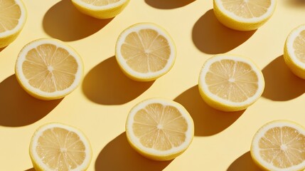 Lemon halves arranged in a repeating pattern on a yellow background.