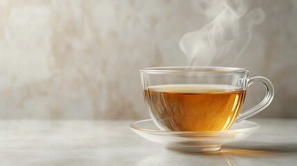 Herbal tea in a glass cup with steam rising, set on a clear surface with ample free space for design