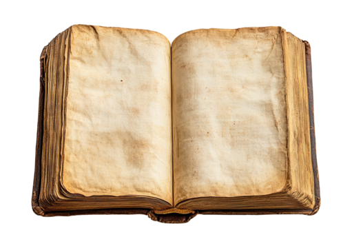 very old open book with yellow pages on transparent background, top view