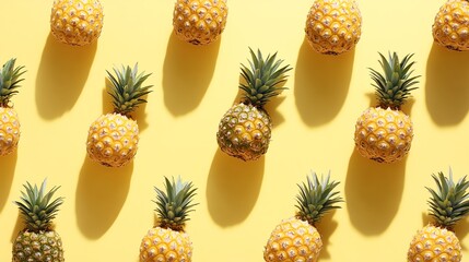 A flat lay of whole pineapples with green tops arranged on a yellow background.