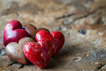 Fototapeta premium Stone hearts representing love sitting on a rustic wooden background, perfect for valentine's day or romantic occasions