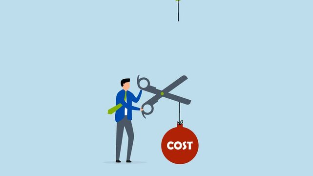 Cost reduction, 4k animation of Businessman cutting high expenses with scissors to allow profits to increase.