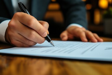 Close-up of a hand signing an important legal document on a table