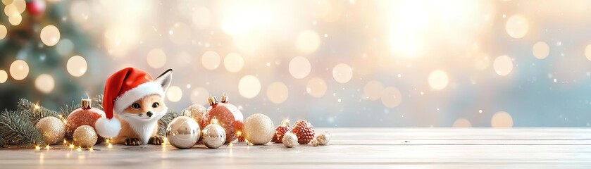 Obraz premium creative animal concept, A smart fox wearing a Santa hat, standing next to a table full of Christmas ornaments, with a vibrant holiday backdrop and space for text