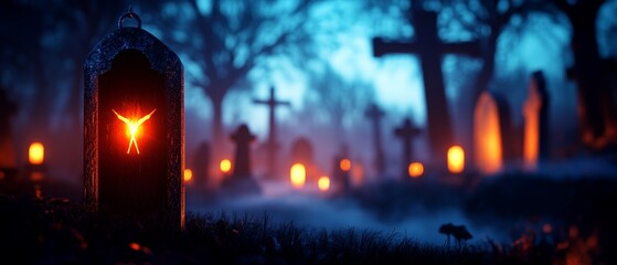 Chilling fog in gloomy cemetery, occult rituals, 3D illustration